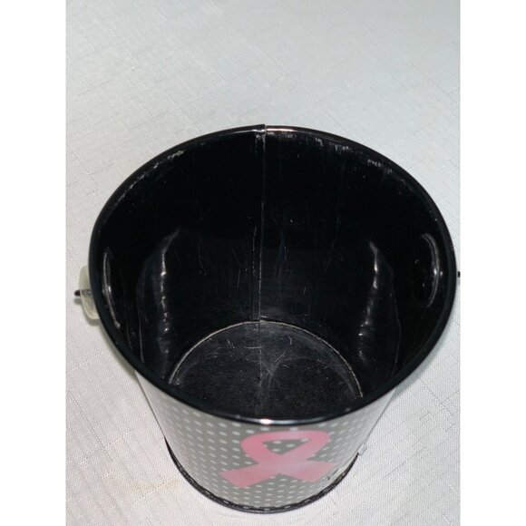 Breast Cancer Small Black & White Polka Dot Metal Pail With Pink Ribbon Design - Picture 3 of 7